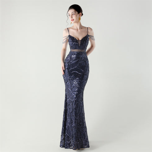 Graceful Sequin Embellished Mesh Mermaid Maxi Dress